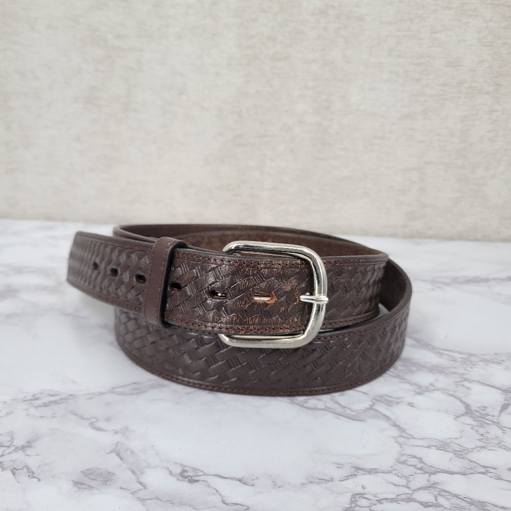 Brown Leather Belt for Men Basket Weave Embossed Design